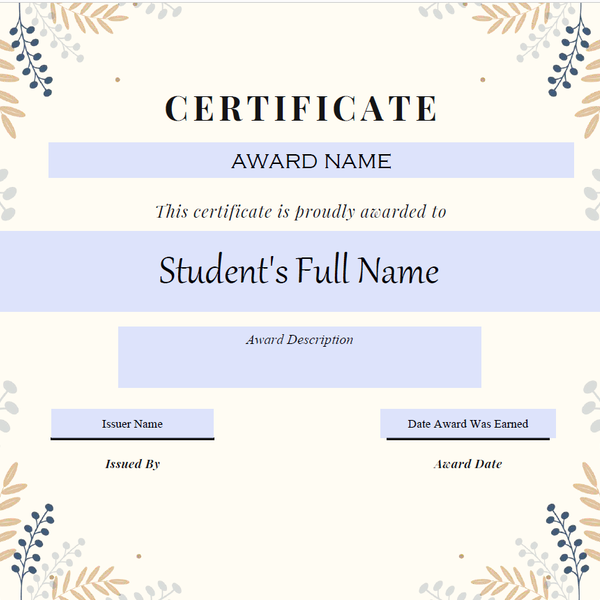 "Leaf" Certificate template for VIULearn Awards 